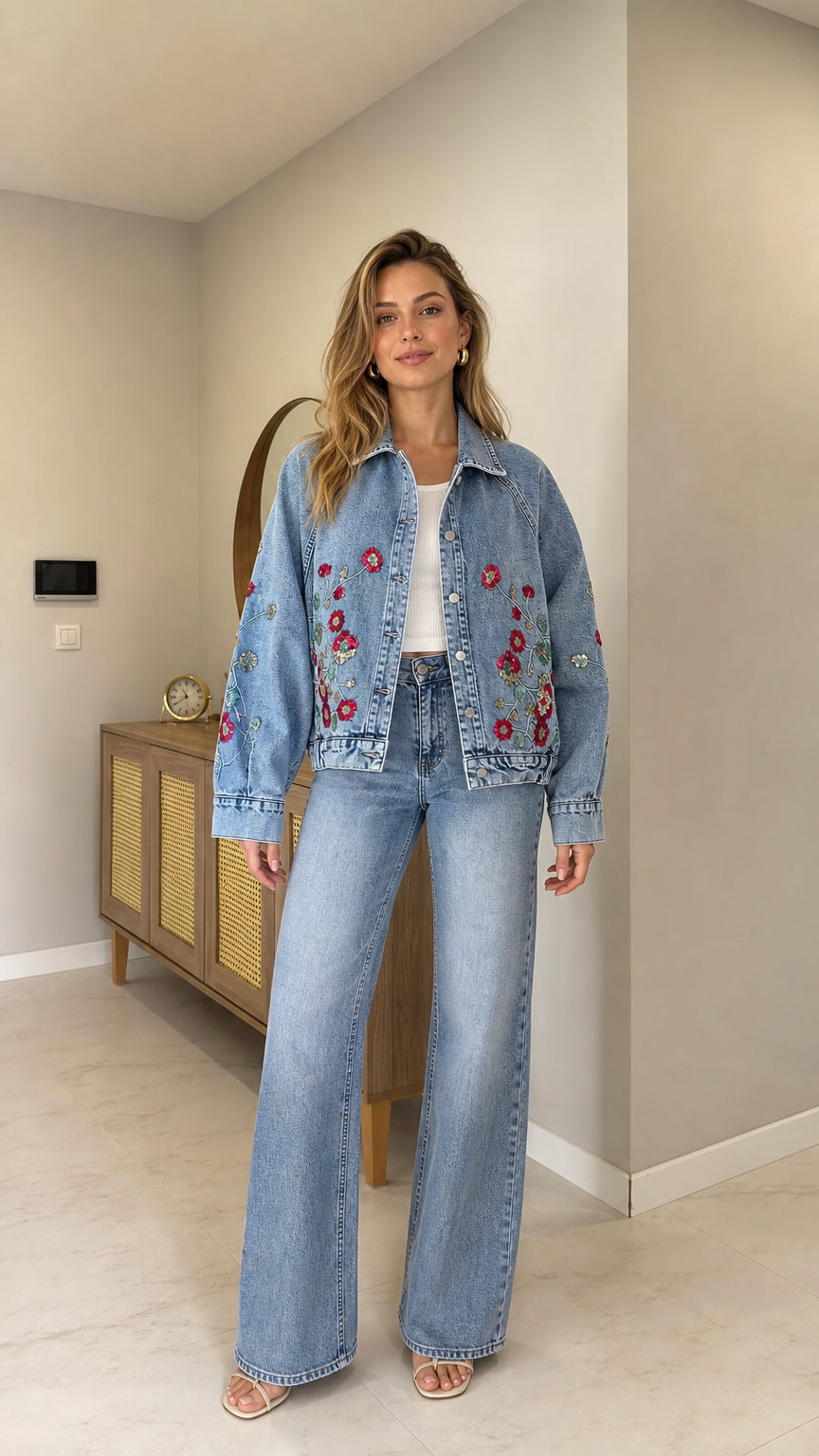 Full front view of woman wearing Light Blue floral embroidered denim jacket with matching wide-leg jeans