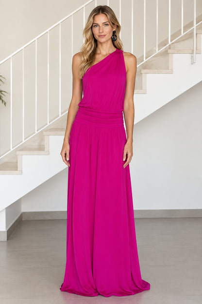Front view of model wearing magenta one-shoulder ruched waist maxi dress