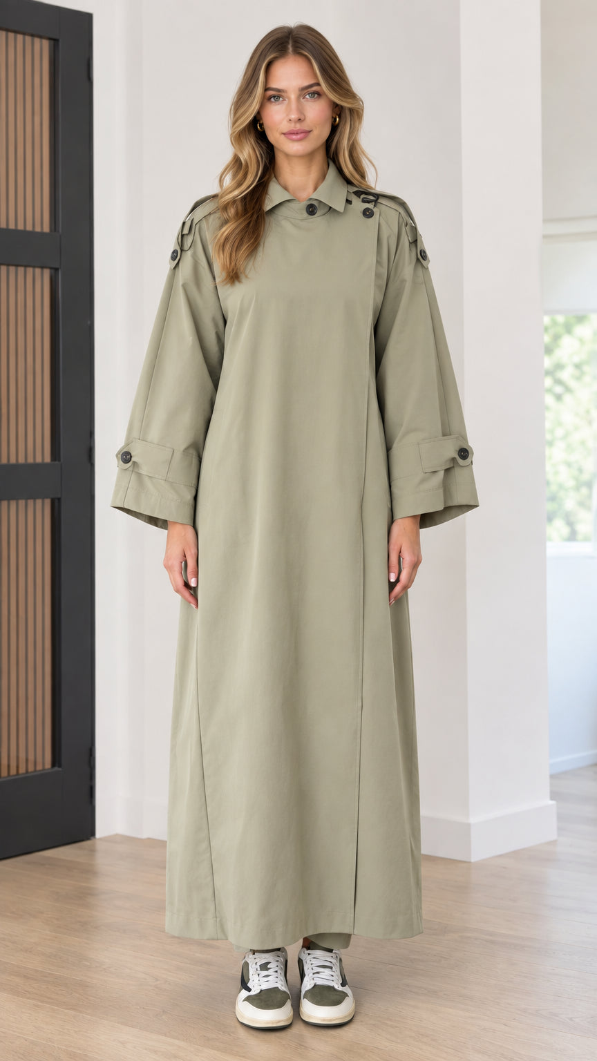 Full front view of women's trench-style maxi dress in sage green