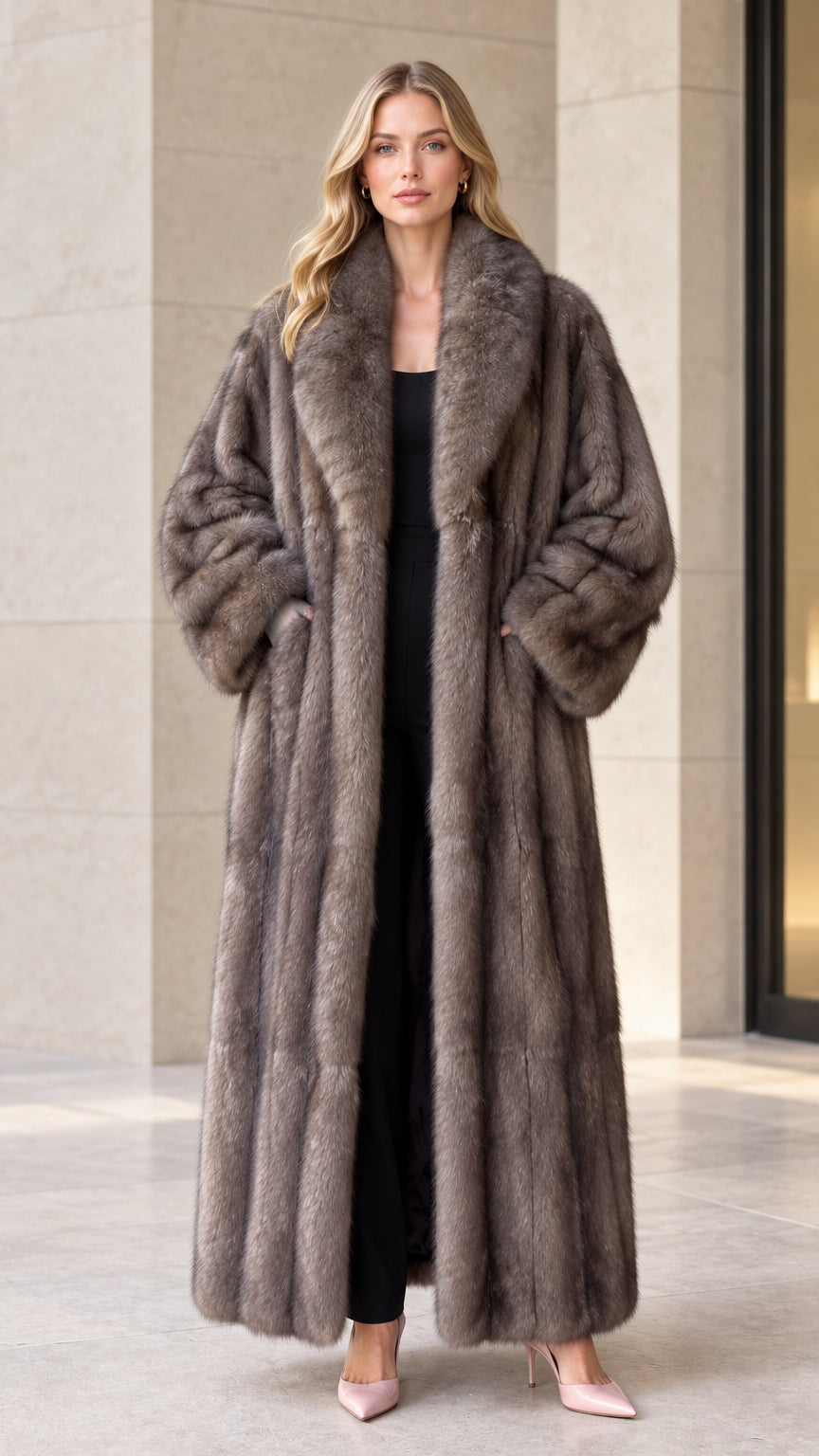 Front full-length view of woman wearing taupe plush faux fur maxi coat with shawl collar