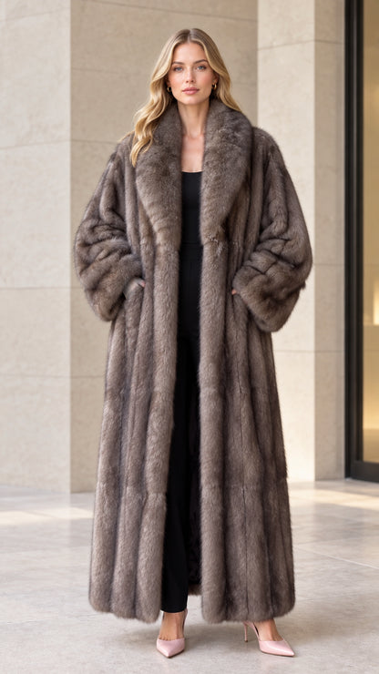 Front full-length view of woman wearing taupe plush faux fur maxi coat with shawl collar
