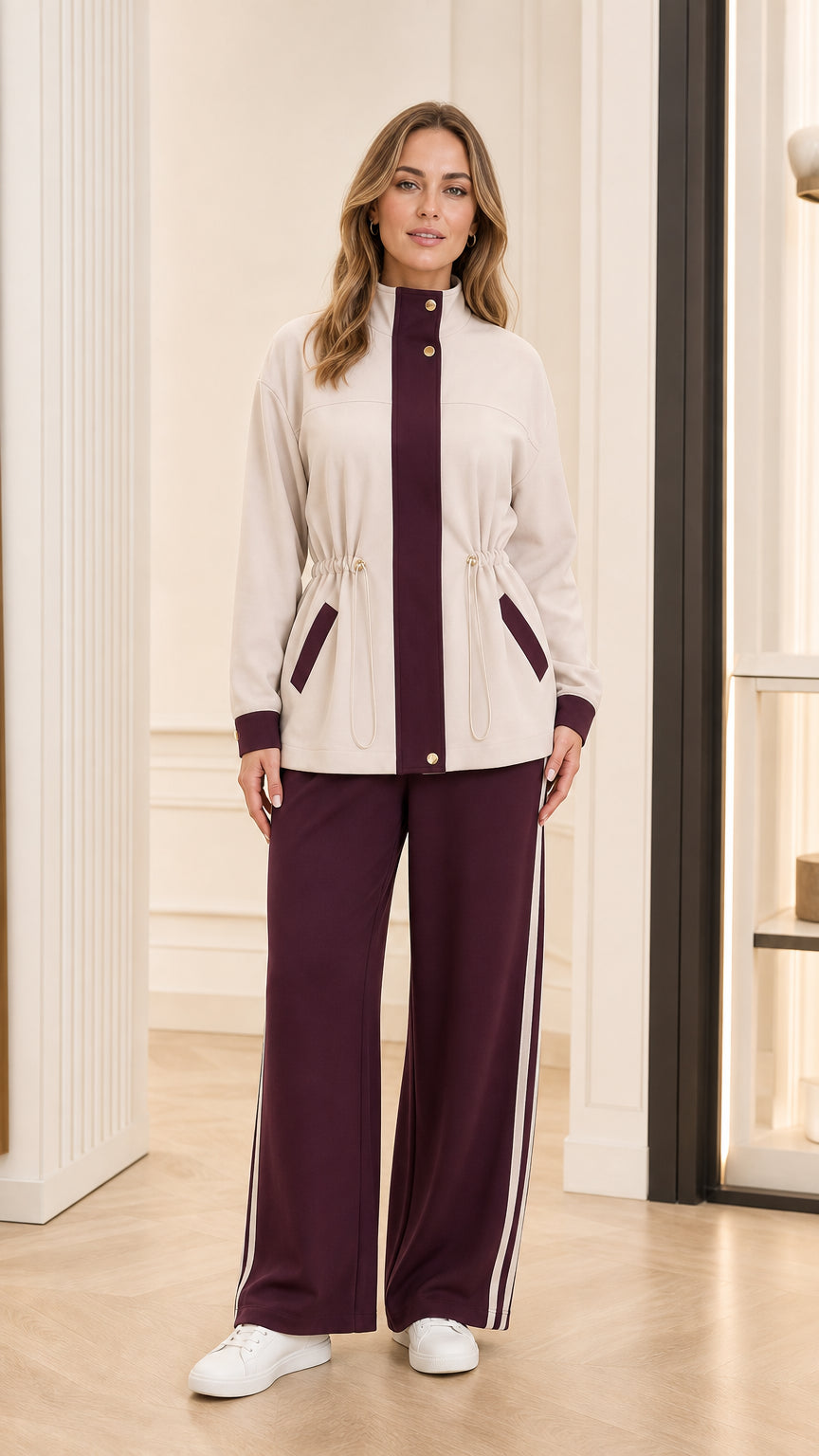 Full front view of model wearing beige high-neck tracksuit jacket with burgundy trim and matching wide-leg pants