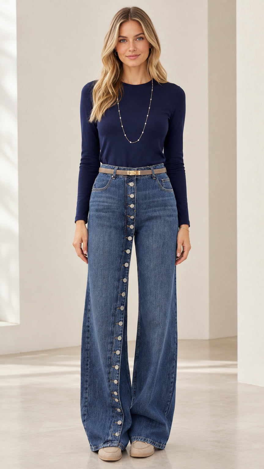 Front full view of model wearing Classic Blue high rise button-front wide leg jeans