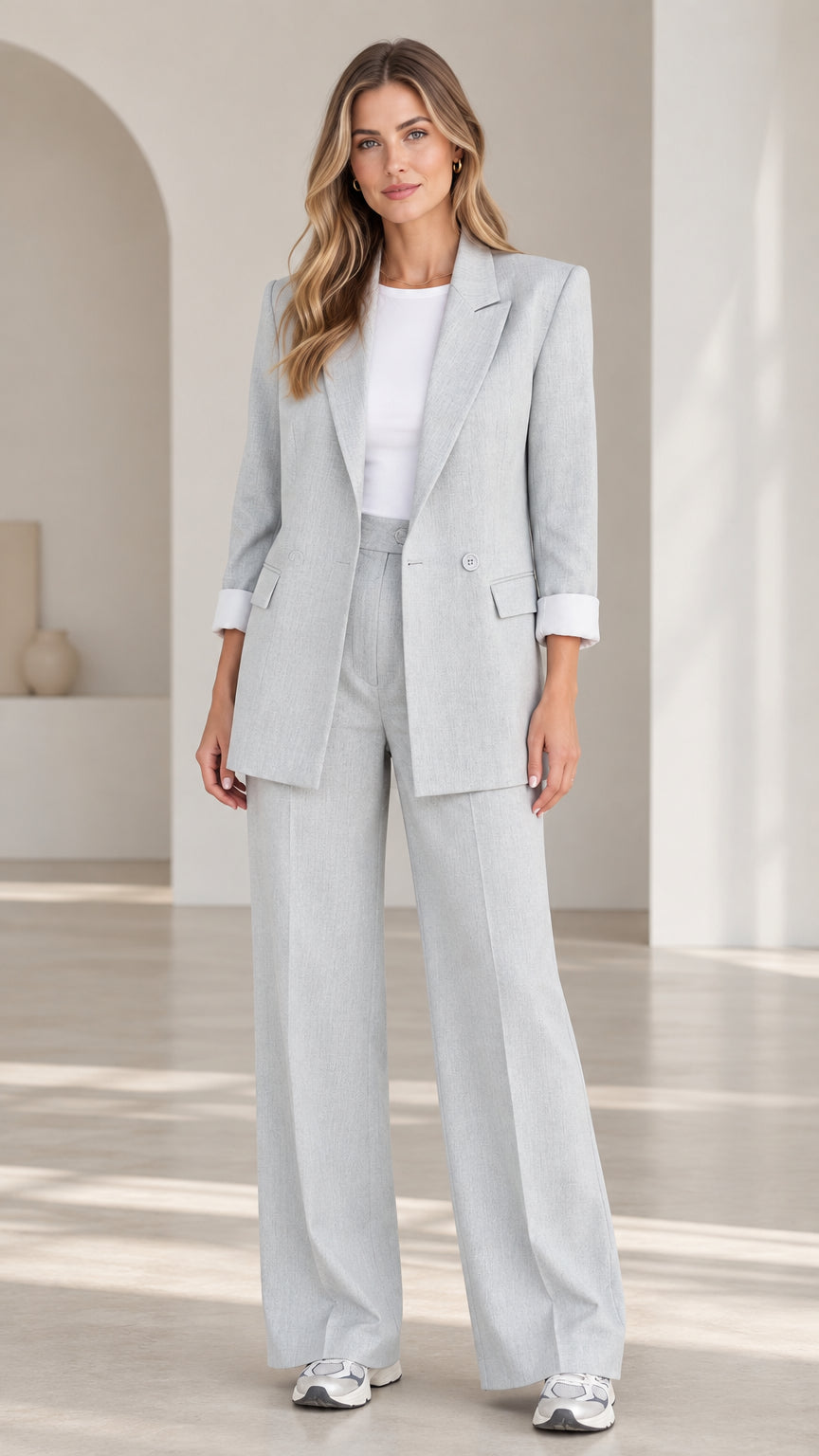 Front full-length view of woman wearing Light Grey two-piece blazer and wide-leg trousers suit set