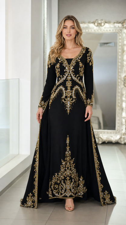 Front view of black long sleeve embroidered caftan evening dress