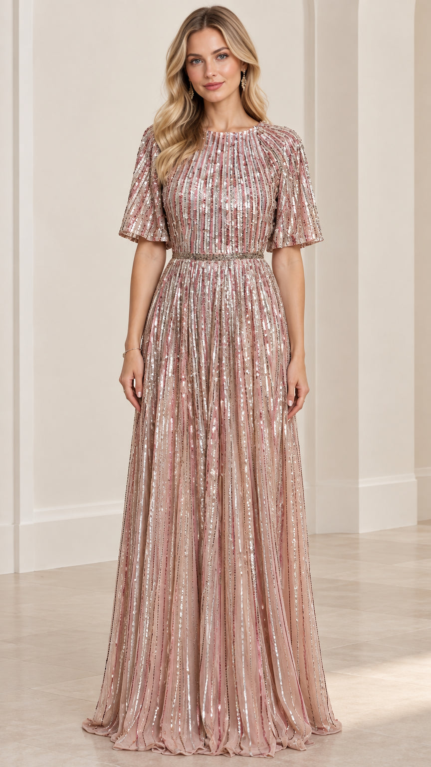Front view of woman wearing dusty rose sequin flutter sleeve maxi evening gown