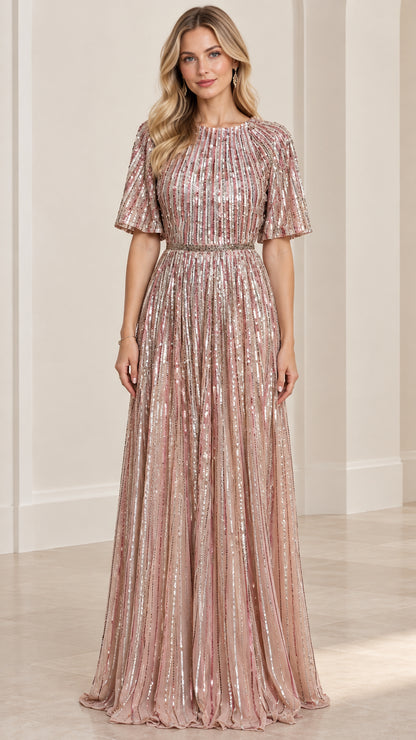Front view of woman wearing dusty rose sequin flutter sleeve maxi evening gown