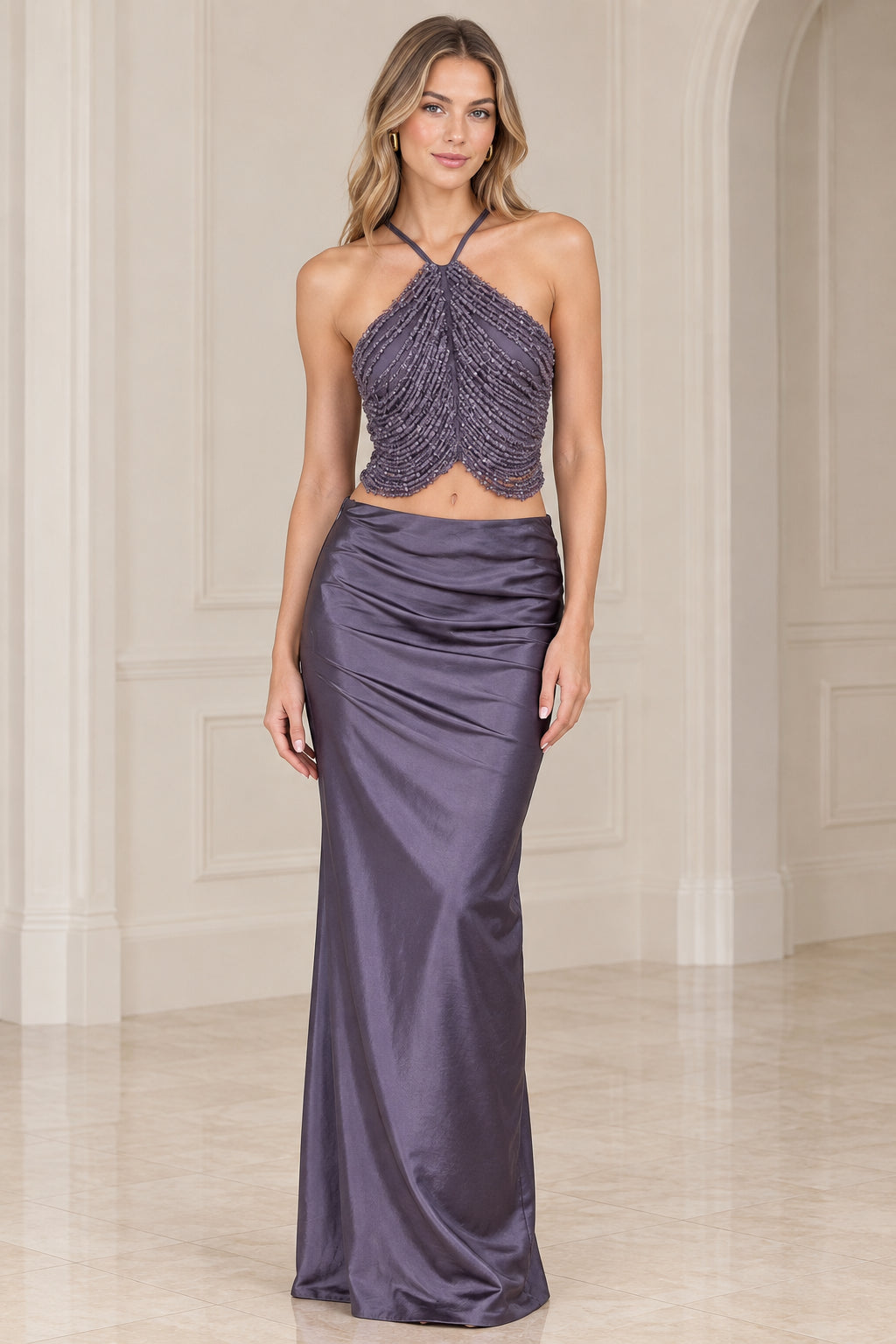 Dusty purple two-piece evening dress with beaded halter top and satin maxi skirt front view