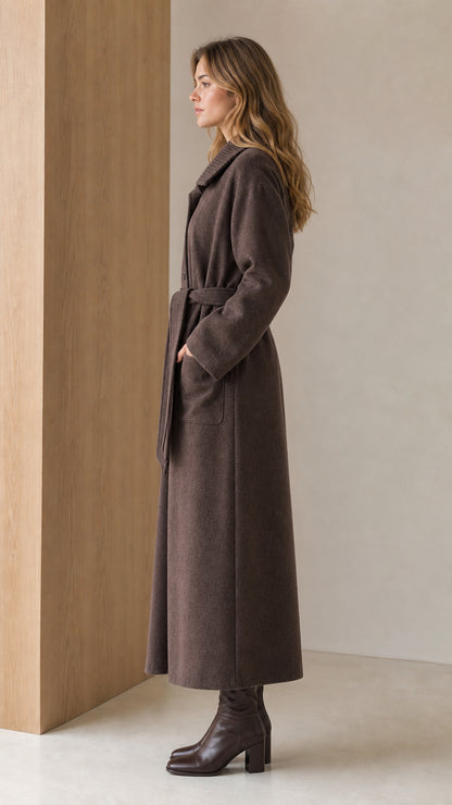 Side profile view of woman wearing Dark Brown long belted winter coat