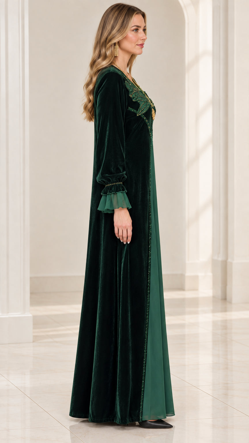 Emerald Green velvet evening gown side angle view
