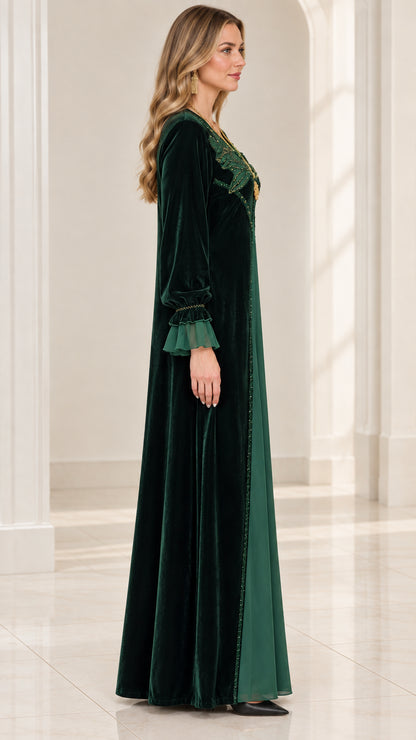 Emerald Green velvet evening gown side angle view