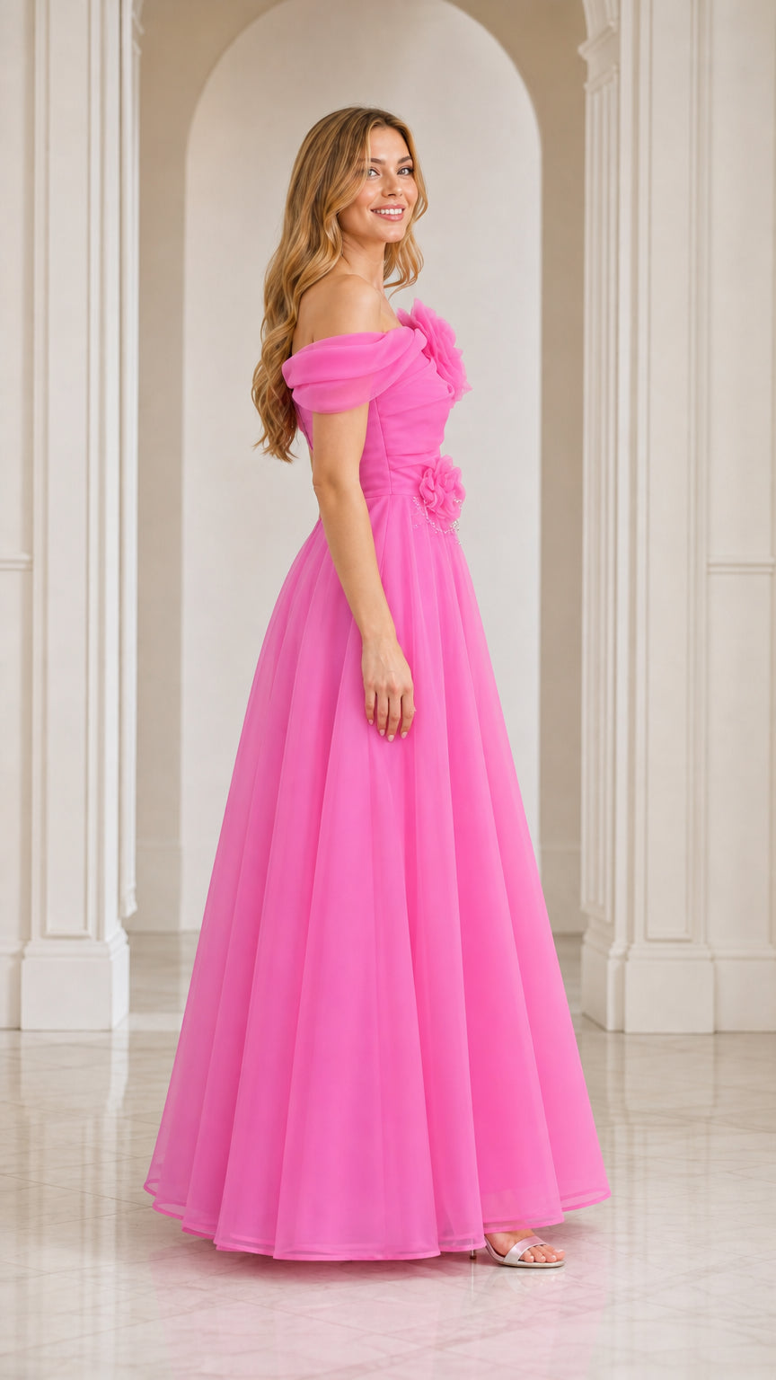 Side profile view of hot pink A-line formal maxi dress