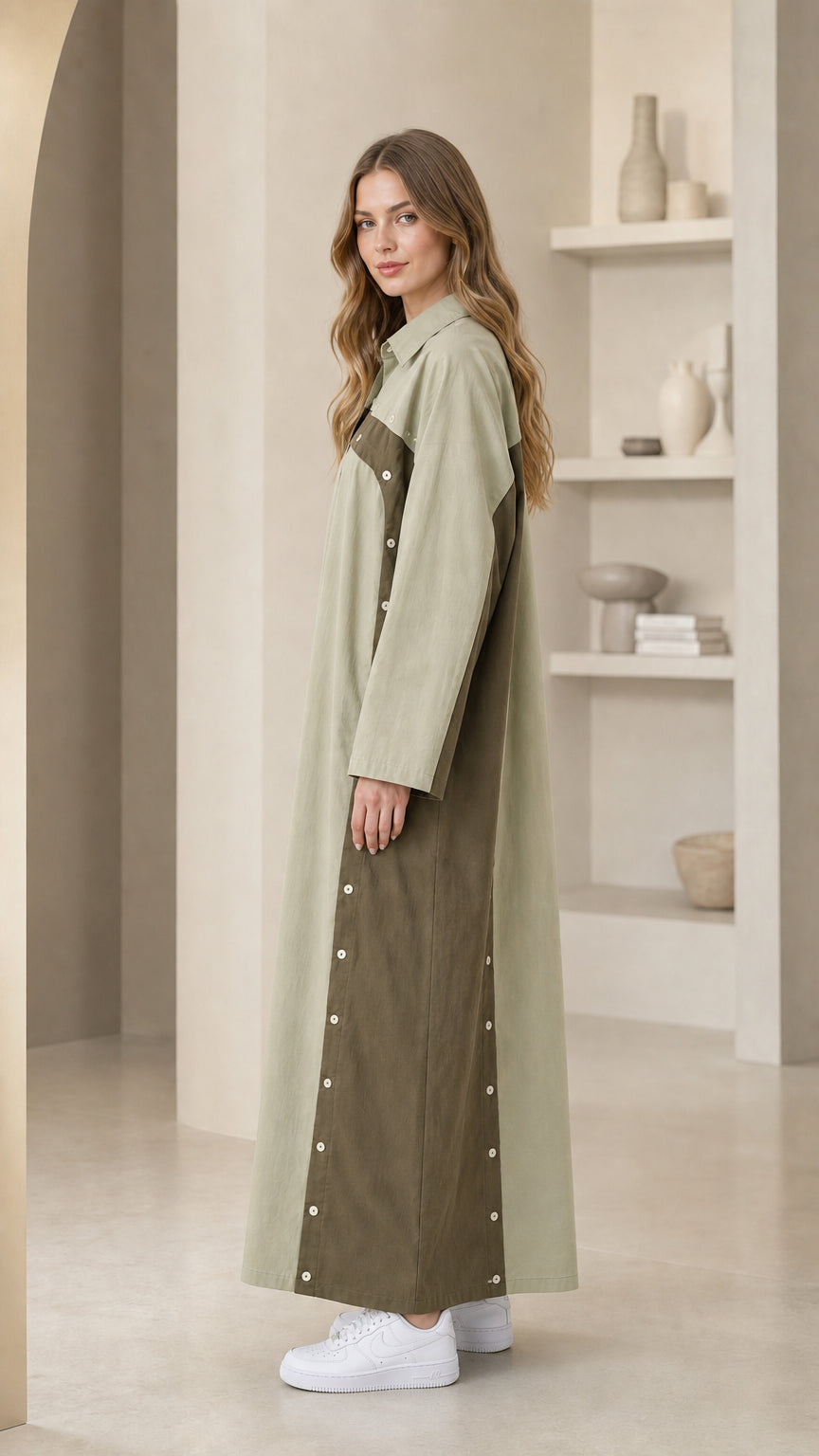 Side view of Sage Green modest long sleeve maxi shirt dress