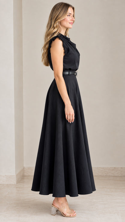 Side view of black sleeveless A-line midi dress