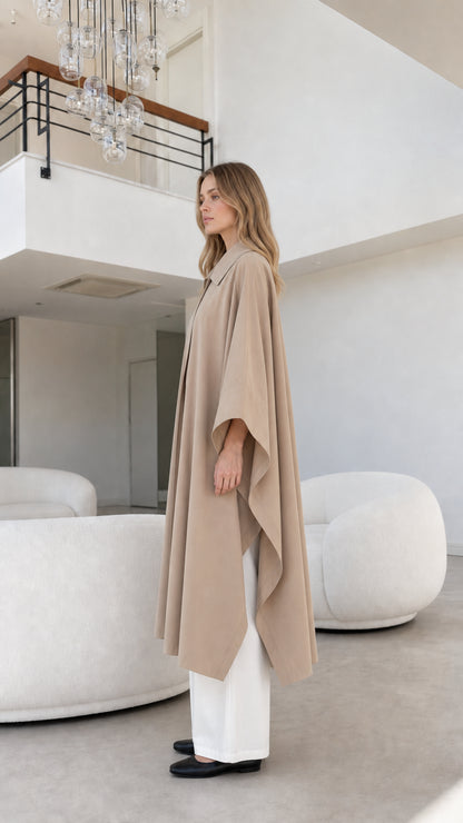Side profile view of model wearing flowing beige cape outerwear