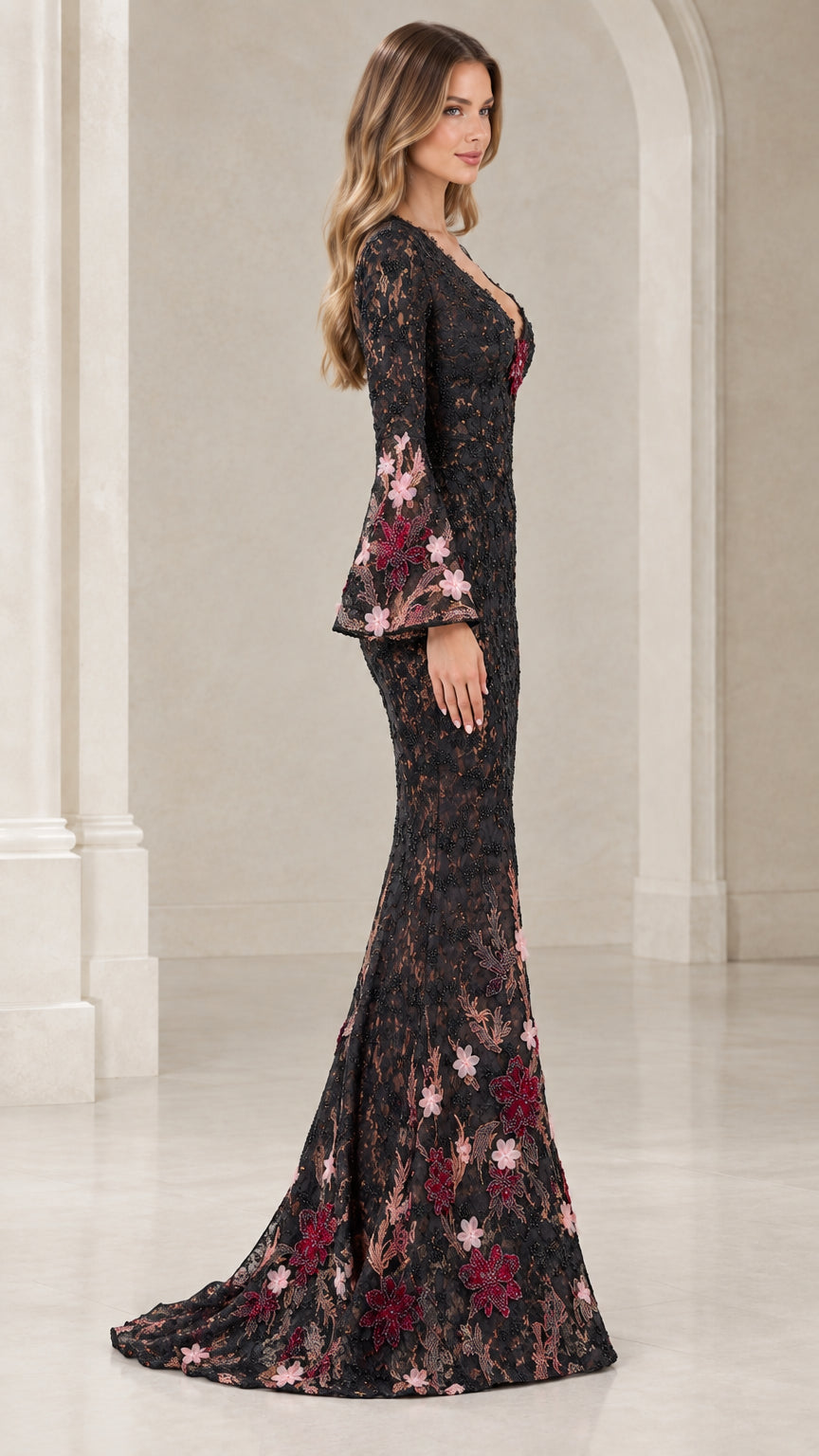 Side profile of black lace mermaid gown showcasing fitted silhouette and flared skirt