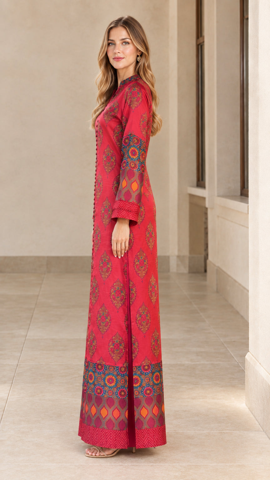 Side profile view of Crimson Red long sleeve printed satin maxi dress