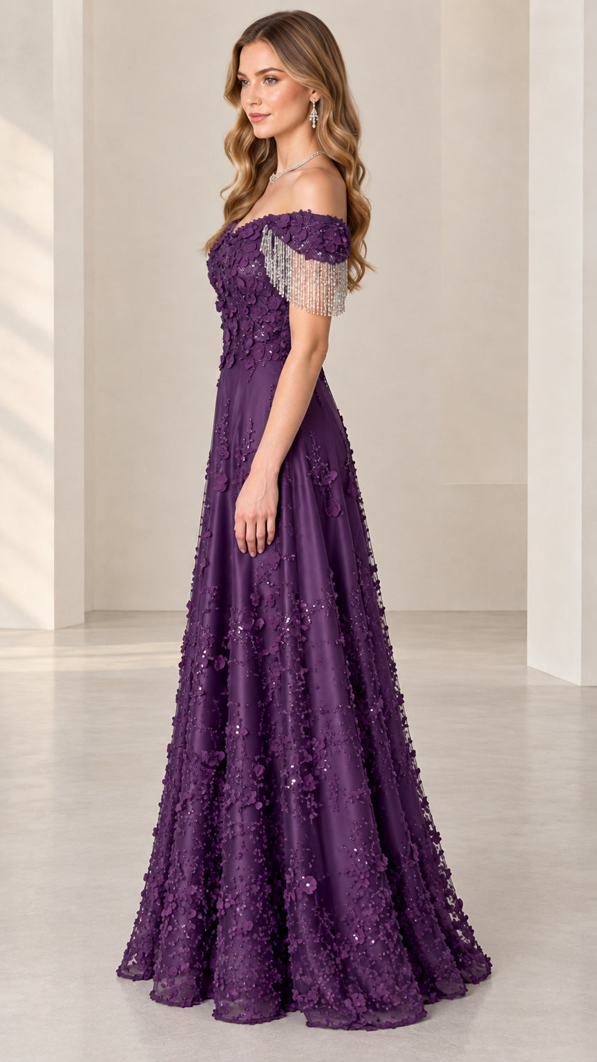 Side profile view of purple A-line evening dress with floral embroidery and beaded sleeve detail