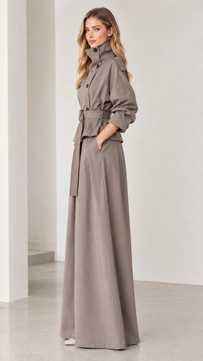 Side profile view of taupe high-neck jacket and pleated wide-leg pants co-ord set