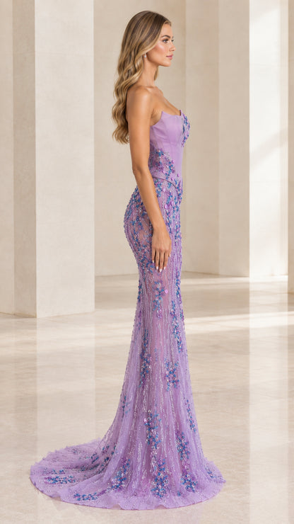 Side profile of lavender floral sequin mermaid evening gown with flowing train