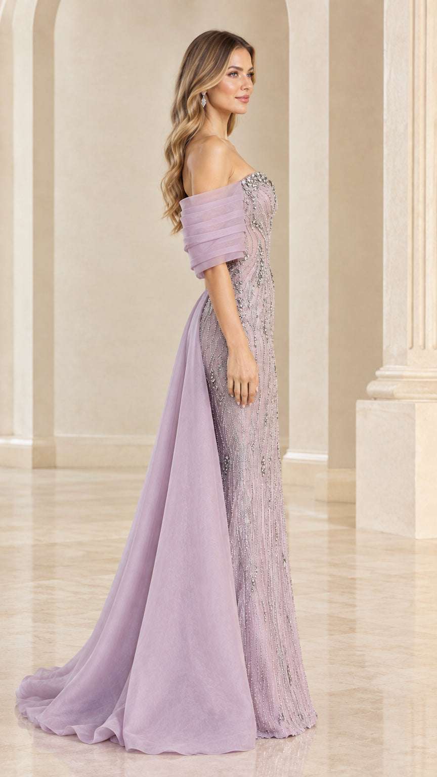 Side profile of lavender beaded formal evening dress with train
