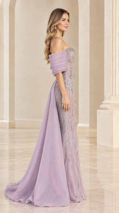 Side profile of lavender beaded formal evening dress with train