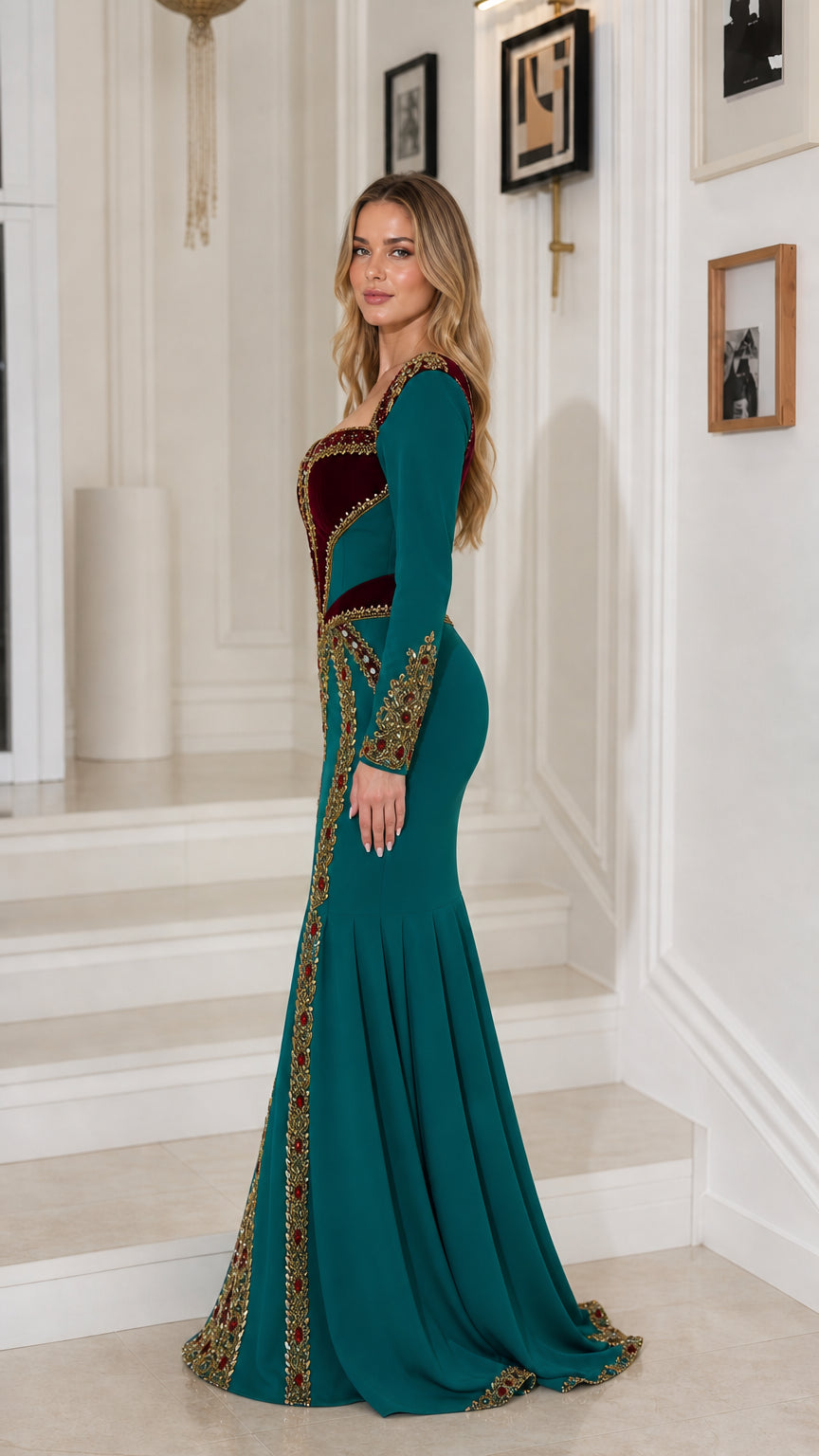 Side profile of teal embroidered mermaid formal dress