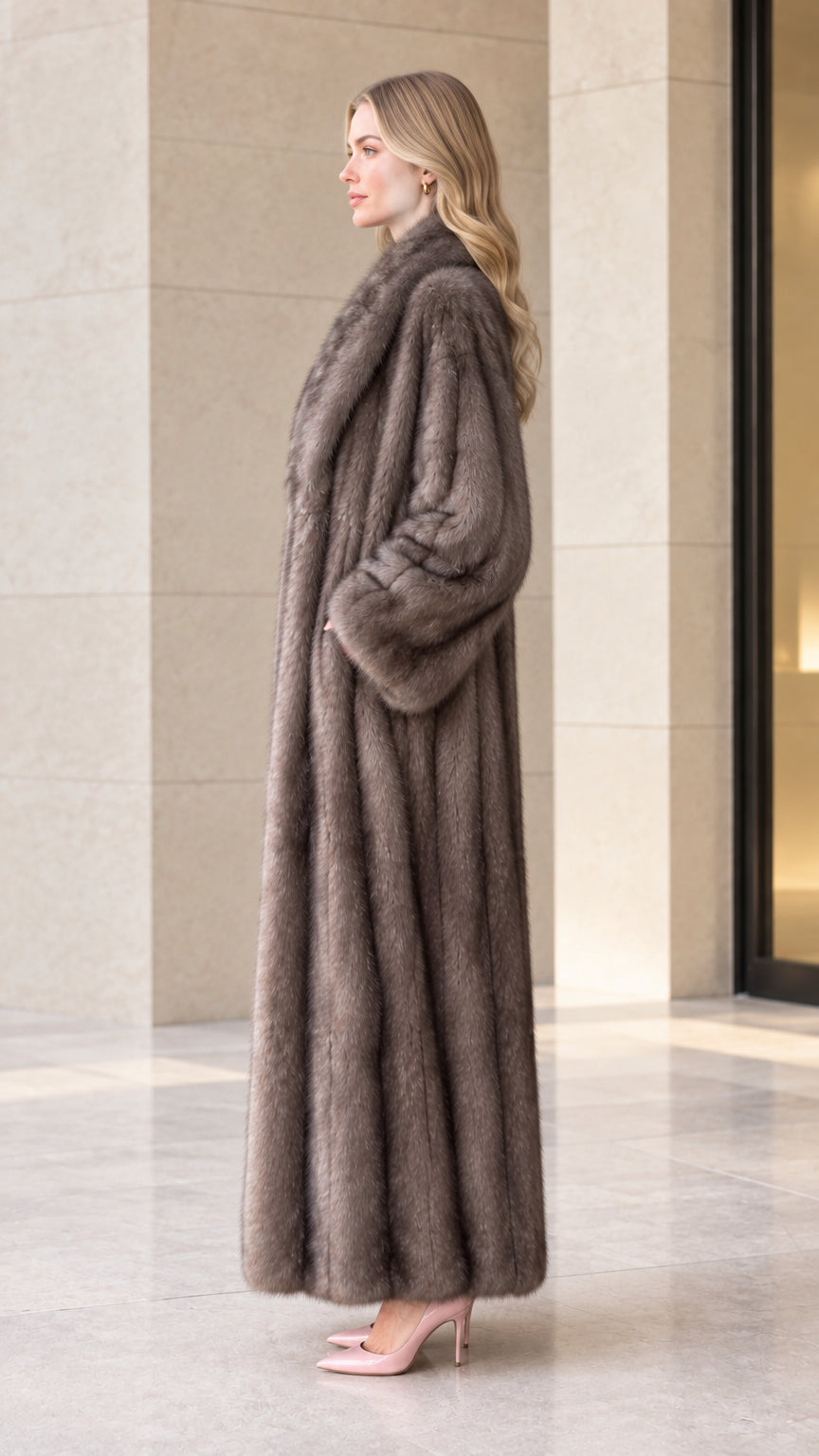 Side view of woman modeling long taupe faux fur winter coat