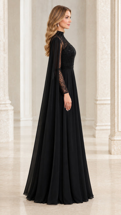 Side profile of black cape sleeve formal gown showing flowing silhouette
