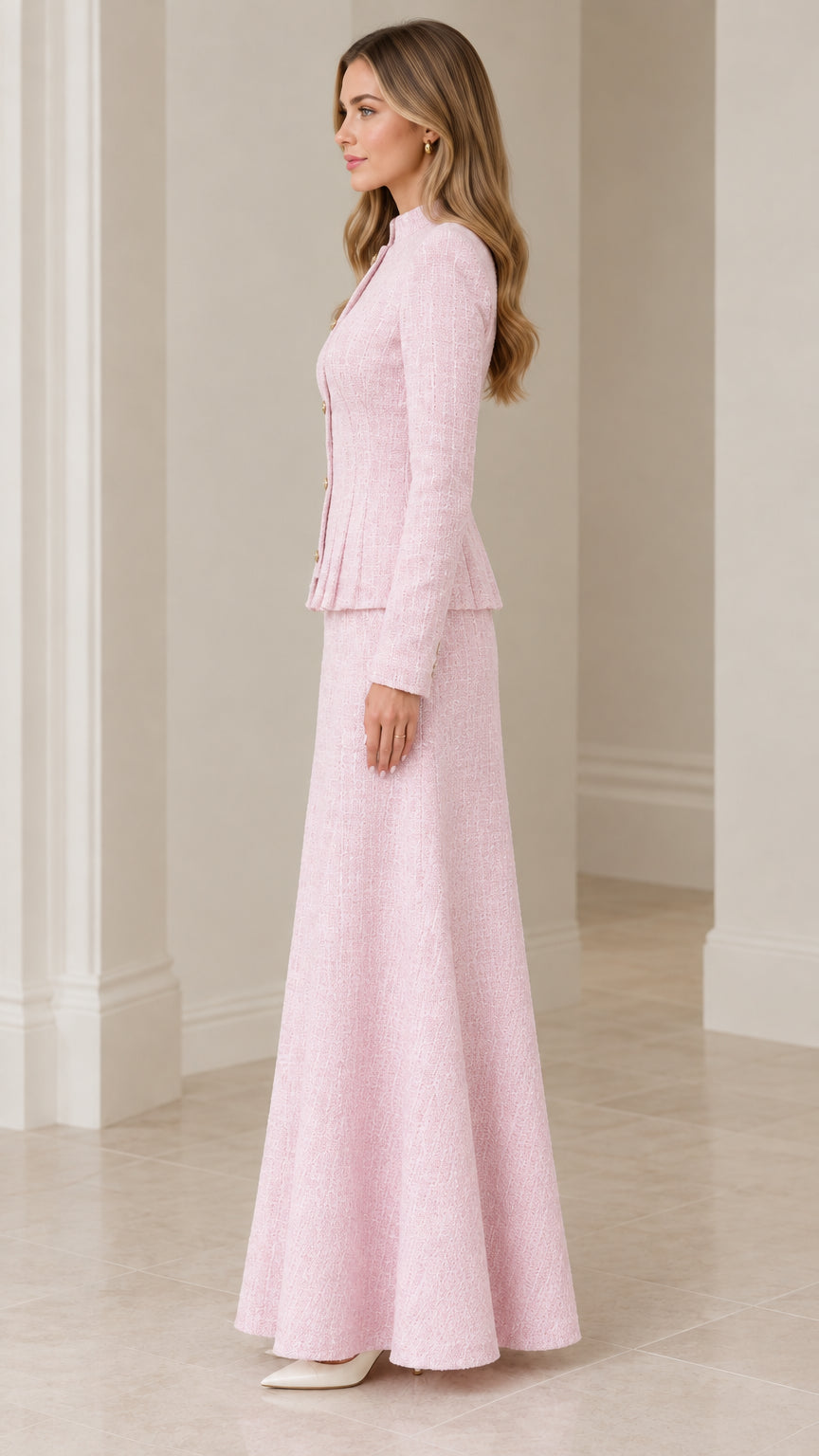 Side profile of blush pink tweed two-piece peplum jacket and long skirt set