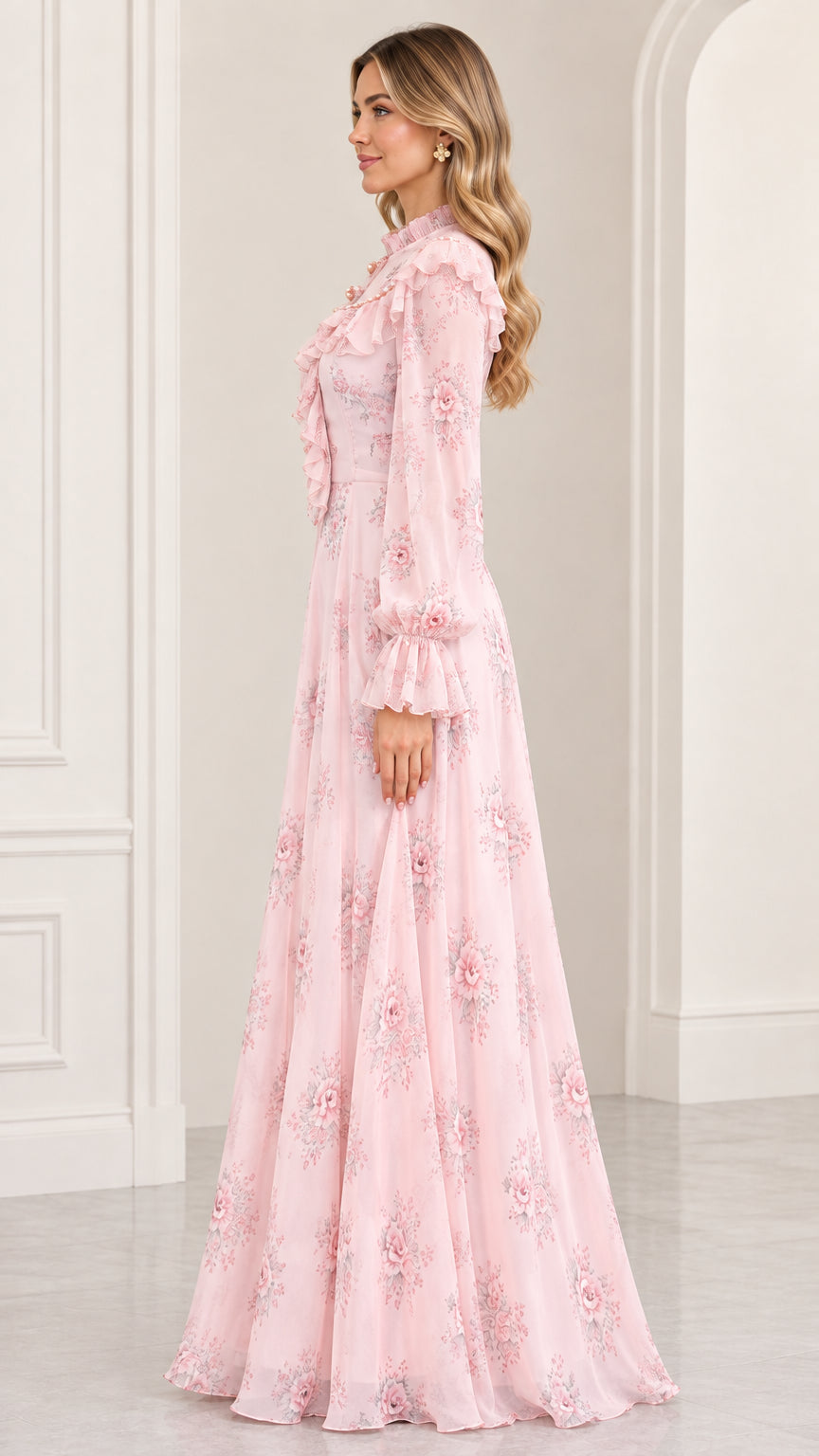 Side view of woman wearing blush pink floral long-sleeve maxi dress