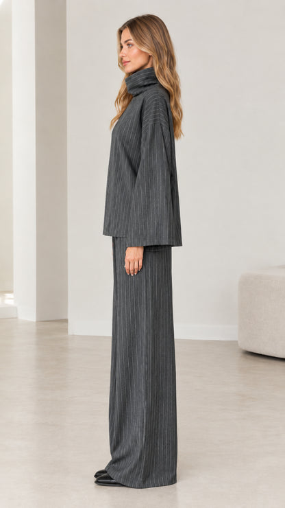 Side profile of woman wearing Charcoal Grey pinstripe matching loungewear set
