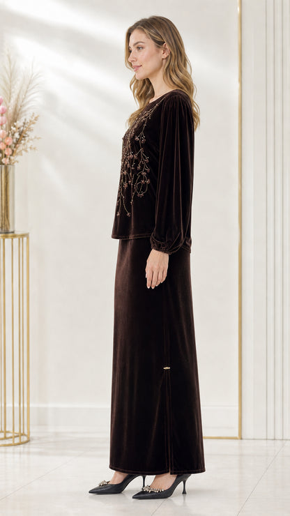 Side full-length view of dark brown velvet matching set showing the skirt side slit