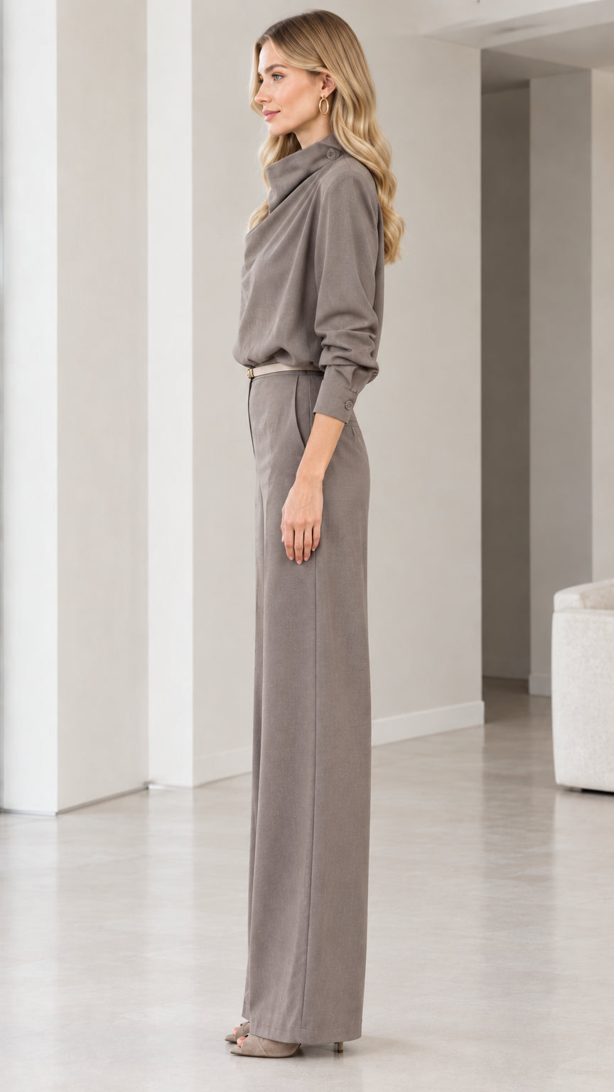 Side profile of elegant Taupe Grey wide-leg long sleeve jumpsuit