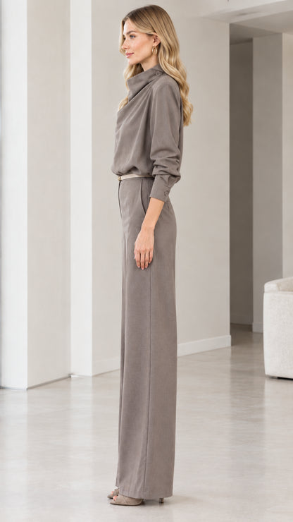 Side profile of elegant Taupe Grey wide-leg long sleeve jumpsuit