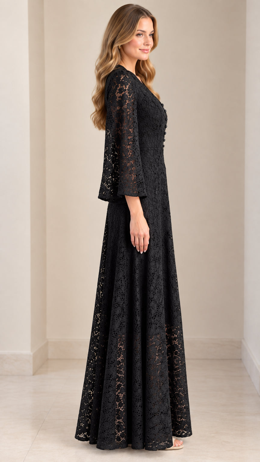 Side profile view of Black floral lace maxi dress showing A-line silhouette