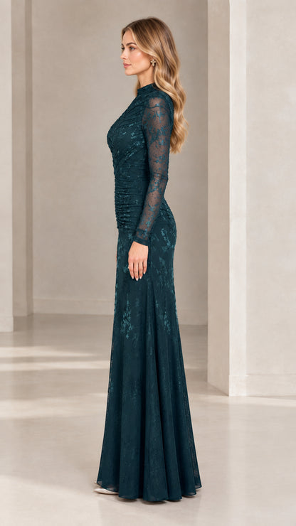 Side profile view of dark teal long sleeve formal evening gown