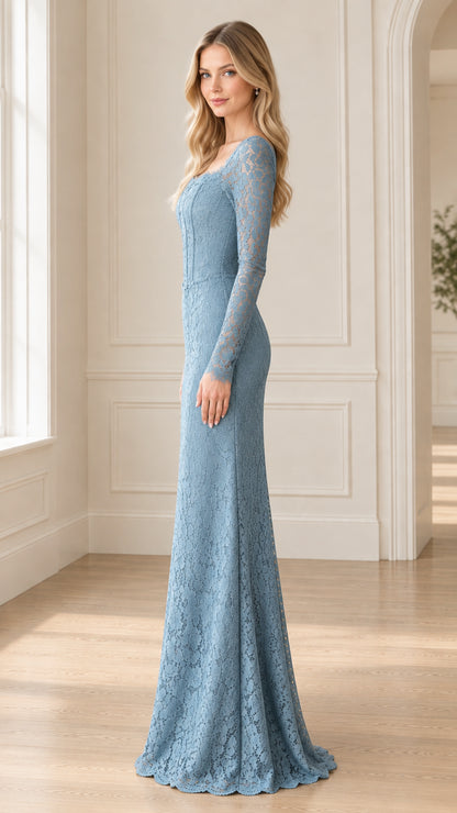 Side profile of woman wearing dusty blue floor-length lace formal gown