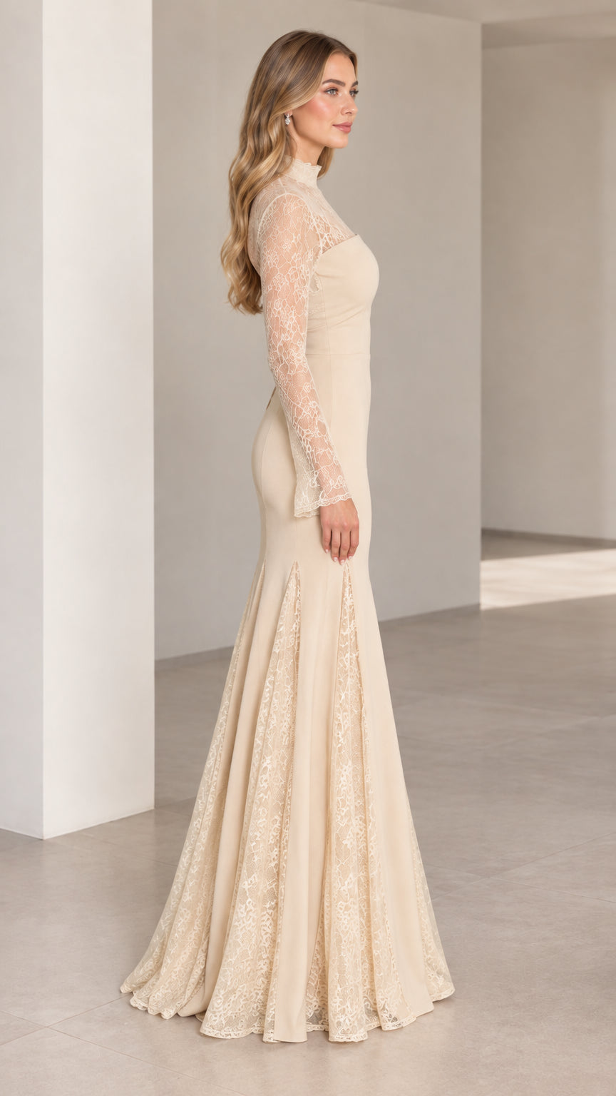 Side full-length view of champagne long sleeve lace mermaid evening dress