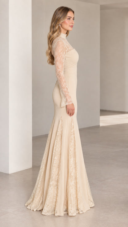 Side full-length view of champagne long sleeve lace mermaid evening dress
