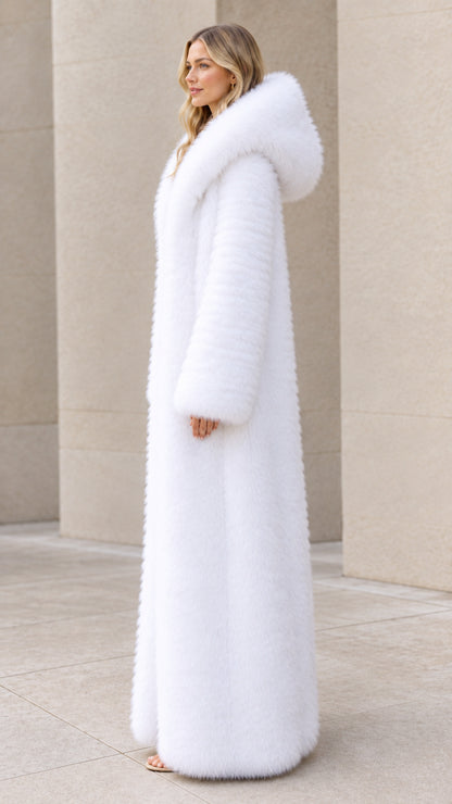 Full-length white hooded faux fur maxi overcoat side view