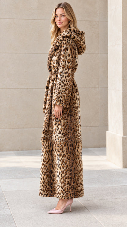 Side profile of model wearing brown leopard print faux fur maxi coat with hood