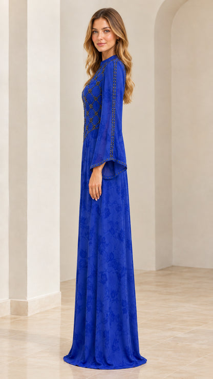 Royal Blue long sleeve evening maxi dress side view