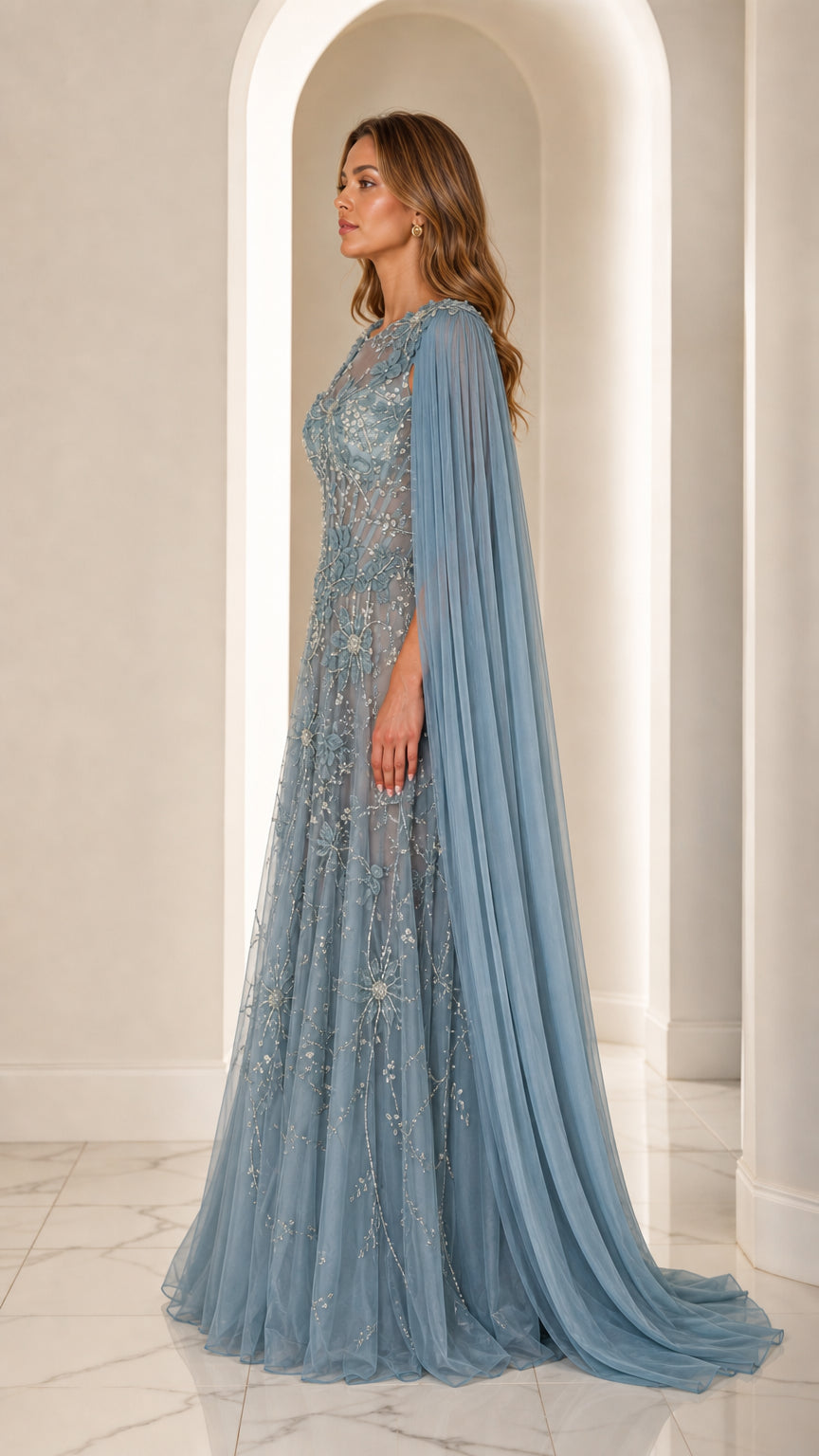 Side view of dusty blue cape sleeve formal maxi dress
