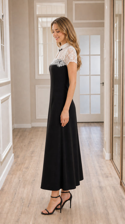 Side profile of model wearing black lace contrast evening maxi dress