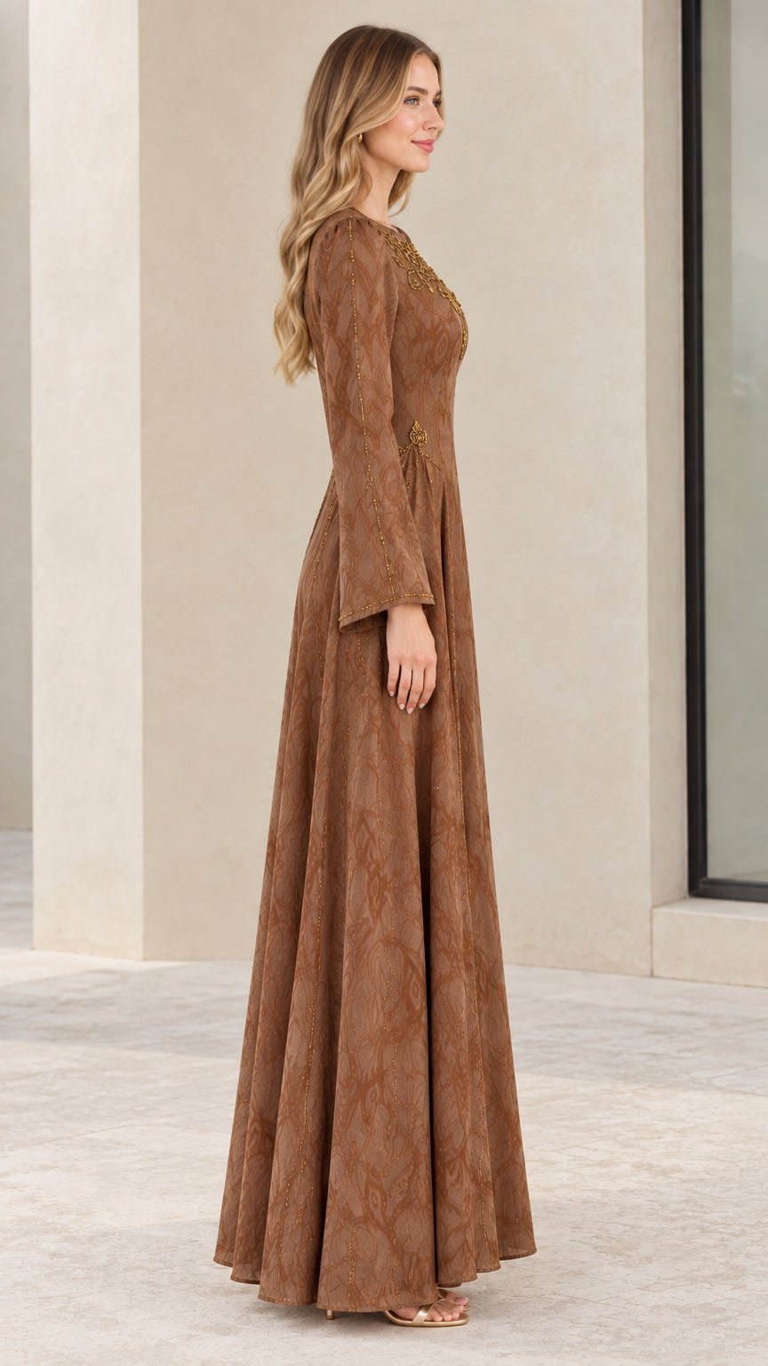 Side profile view of brown modest long-sleeve jacquard evening dress