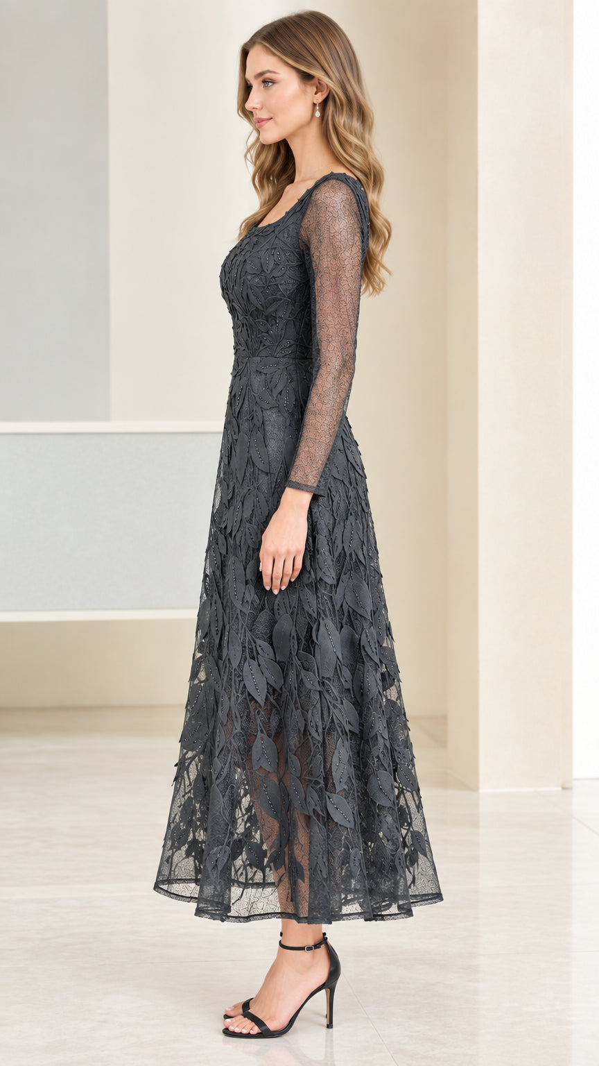 Side angle view of woman wearing Charcoal Grey embroidered lace formal maxi dress