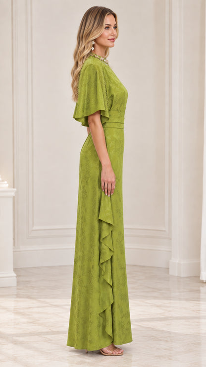 Side profile of olive green jacquard evening gown showcasing the cascading side ruffle