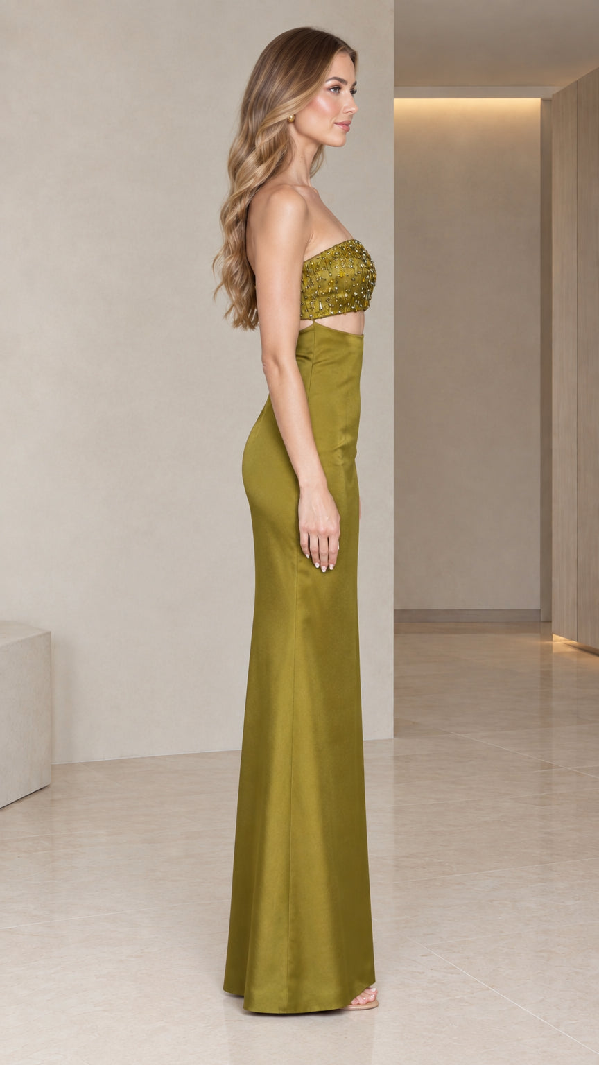 Side profile view of model wearing the Olive Green strapless cutout satin evening dress