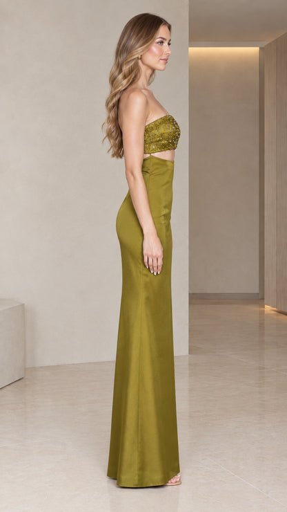 Side profile view of model wearing the Olive Green strapless cutout satin evening dress